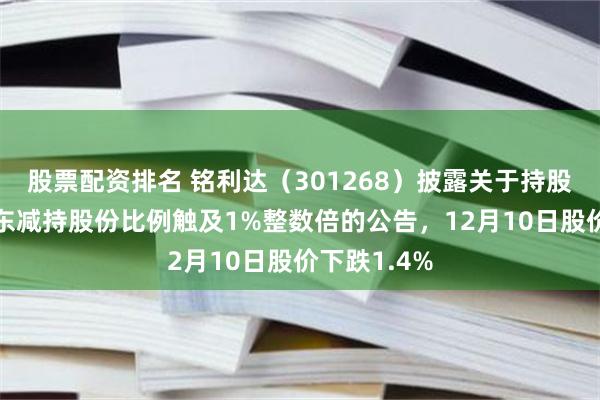 股票配资排名 铭利达（301268）披露关于持股5%以上股东减持股份比例触及1%整数倍的公告，12月10日股价下跌1.4%